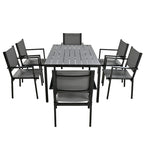 Ensemble de 7 pièces de salle à manger d'extérieur en acier, ensemble de meubles de patio toutes saisons avec table rectangulaire et 6 chaises de salle à manger