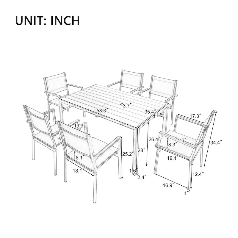 Ensemble de 7 pièces de salle à manger d'extérieur en acier, ensemble de meubles de patio toutes saisons avec table rectangulaire et 6 chaises de salle à manger