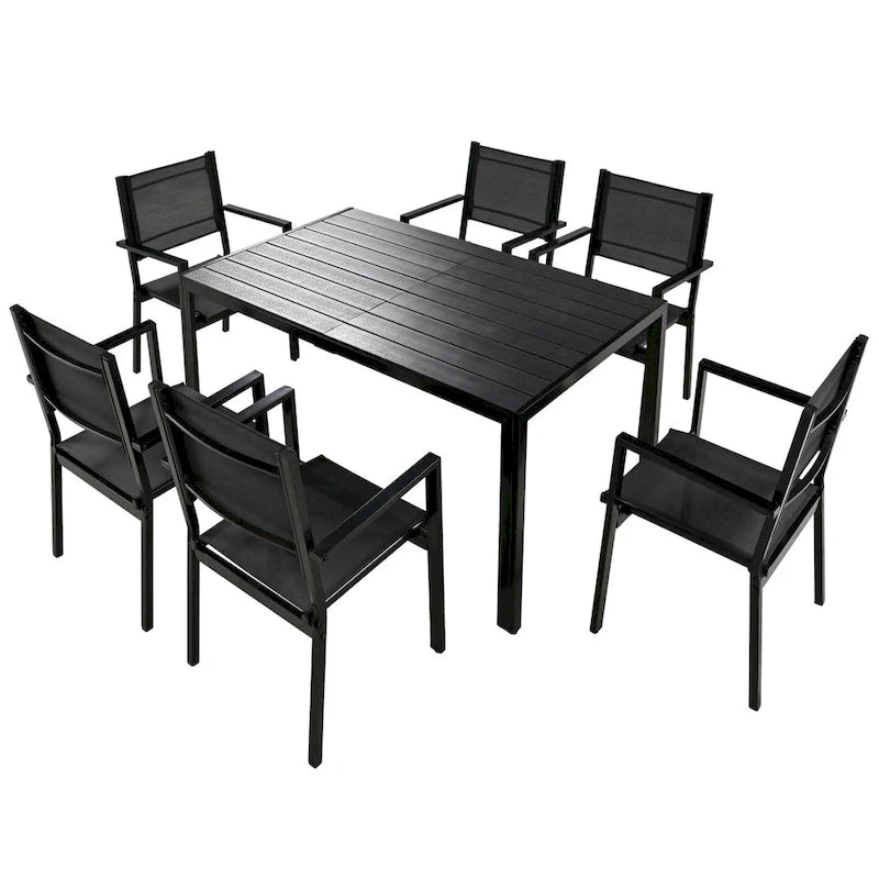 Ensemble de 7 pièces de salle à manger d'extérieur en acier, ensemble de meubles de patio toutes saisons avec table rectangulaire et 6 chaises de salle à manger