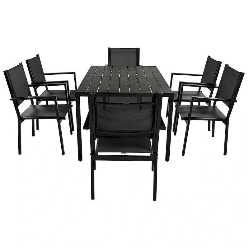 Ensemble de 7 pièces de salle à manger d'extérieur en acier, ensemble de meubles de patio toutes saisons avec table rectangulaire et 6 chaises de salle à manger