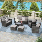 Ensemble de canapé sectionnel 7 pièces en rotin synthétique pour extérieur, ensemble de mobilier de conversation pour patio avec table basse et 2 poufs