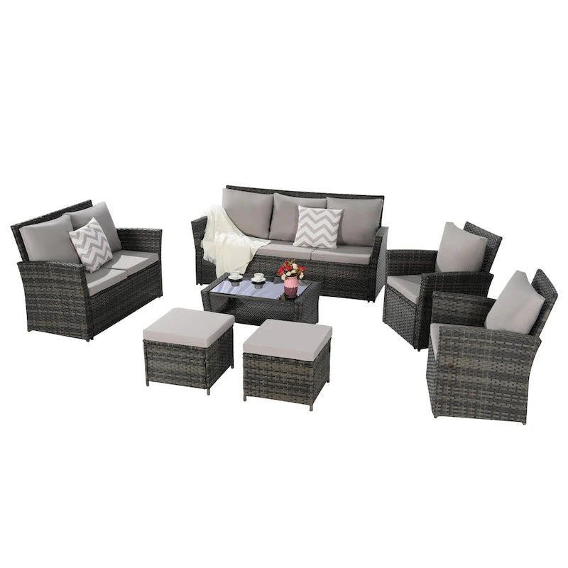 Ensemble de canapé sectionnel 7 pièces en rotin synthétique pour extérieur, ensemble de mobilier de conversation pour patio avec table basse et 2 poufs