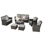 Ensemble de canapé sectionnel 7 pièces en rotin synthétique pour extérieur, ensemble de mobilier de conversation pour patio avec table basse et 2 poufs