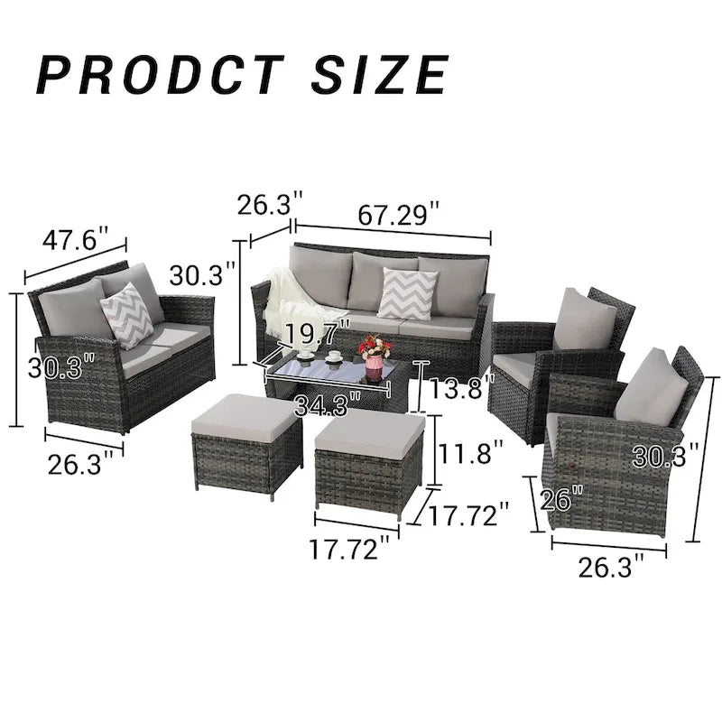 Ensemble de canapé sectionnel 7 pièces en rotin synthétique pour extérieur, ensemble de mobilier de conversation pour patio avec table basse et 2 poufs