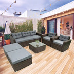 Ensemble de mobilier de jardin en rotin 6 pièces, salon de jardin avec table basse, chaises et poufs