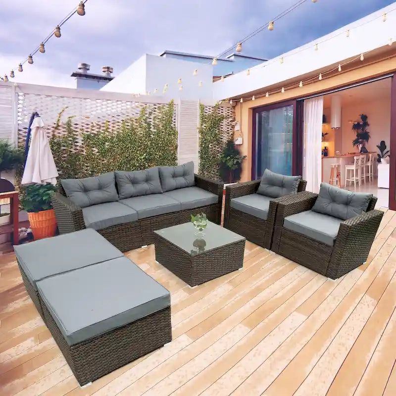 Ensemble de mobilier de jardin en rotin 6 pièces, salon de jardin avec table basse, chaises et poufs