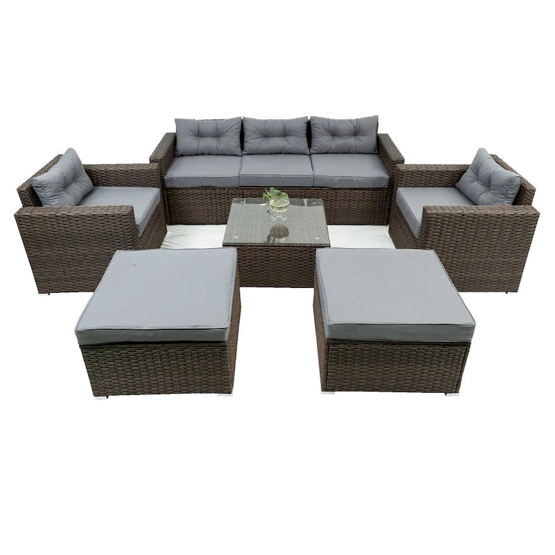 Ensemble de mobilier de jardin en rotin 6 pièces, salon de jardin avec table basse, chaises et poufs