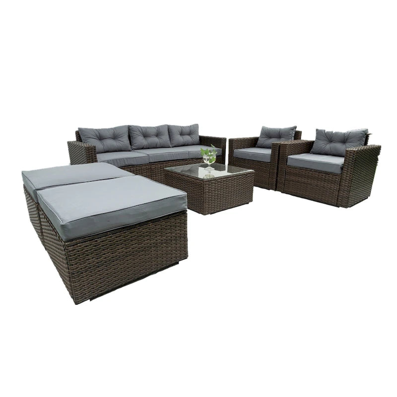 Ensemble de mobilier de jardin en rotin 6 pièces, salon de jardin avec table basse, chaises et poufs