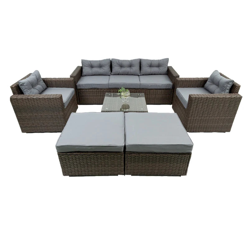Ensemble de mobilier de jardin en rotin 6 pièces, salon de jardin avec table basse, chaises et poufs