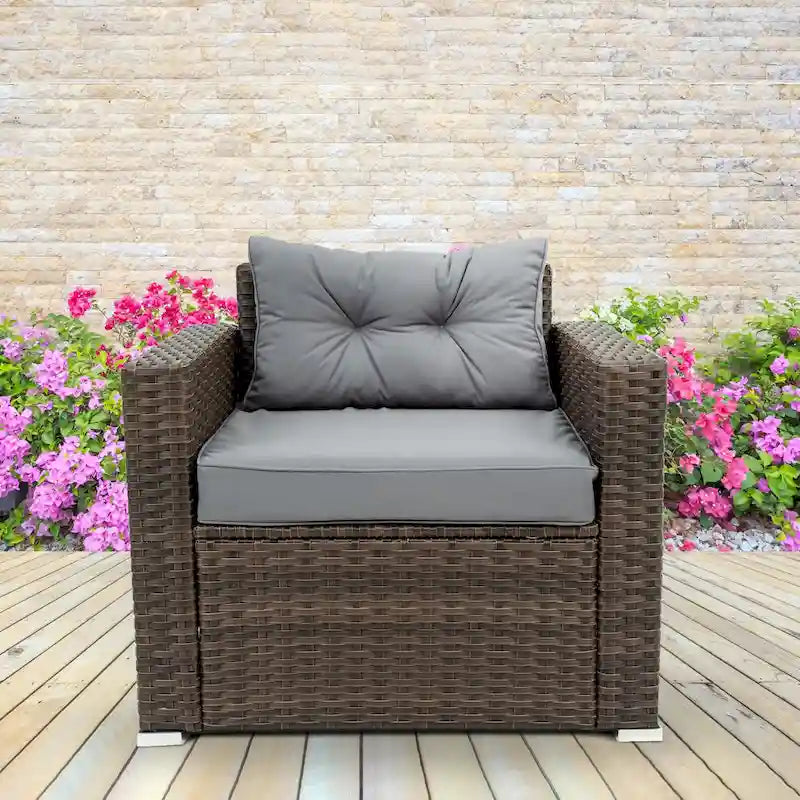 Ensemble de mobilier de jardin en rotin 6 pièces, salon de jardin avec table basse, chaises et poufs