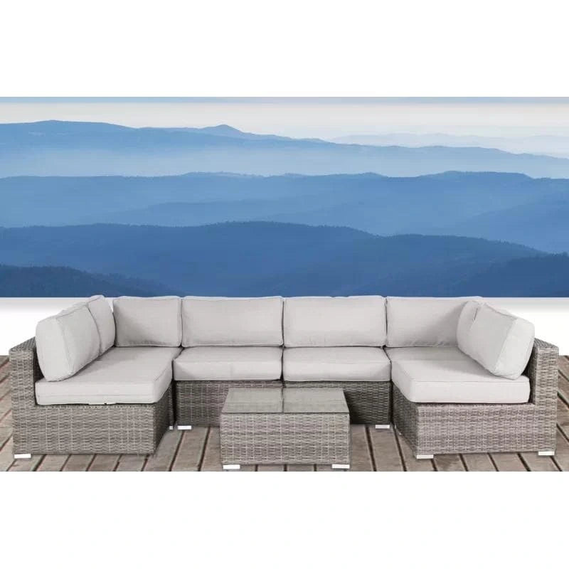 Ensemble de 7 canapés modulaires d'extérieur, ensemble de conversation en rotin PE tressé pour patio avec fauteuil et table à plateau en verre
