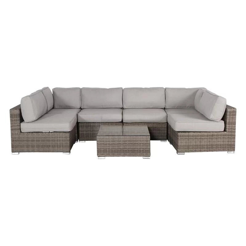 Ensemble de 7 canapés modulaires d'extérieur, ensemble de conversation en rotin PE tressé pour patio avec fauteuil et table à plateau en verre