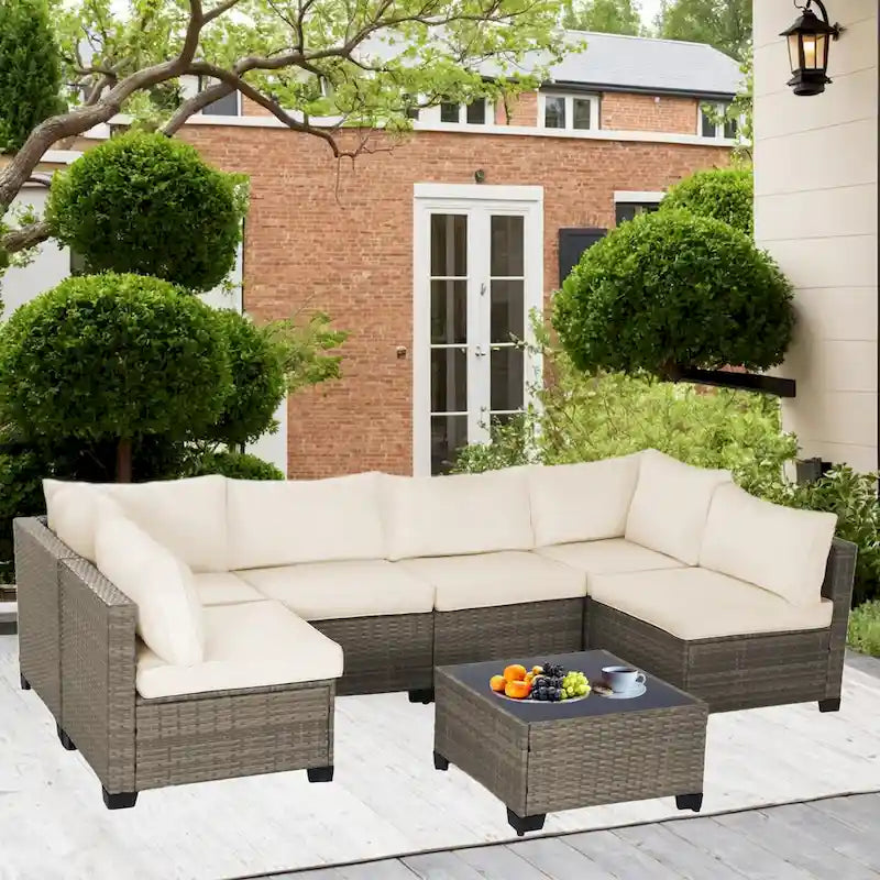Salon de jardin 7 pièces en résine tressée PE tout temps avec coussins beiges et table basse