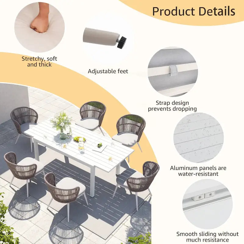 Chaises et table extensible pour salle à manger d'extérieur