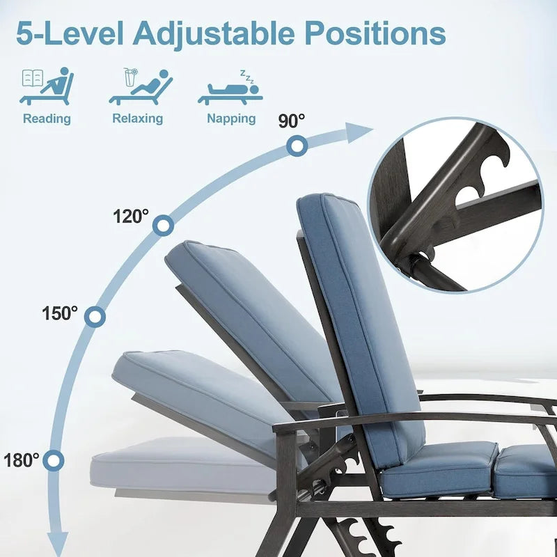 Chaises longues inclinables d'extérieur en aluminium de 3 pièces (ensemble de 2) avec table et coussins