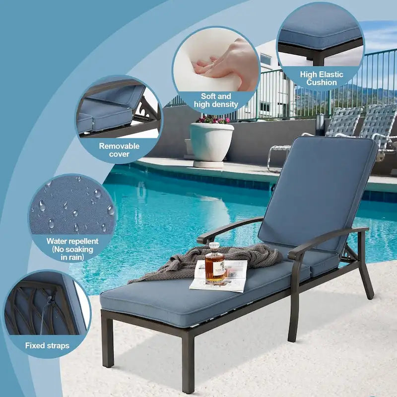 Chaises longues inclinables d'extérieur en aluminium de 3 pièces (ensemble de 2) avec table et coussins