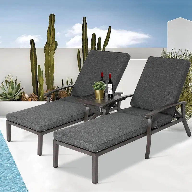 Chaises longues inclinables d'extérieur en aluminium de 3 pièces (ensemble de 2) avec table et coussins