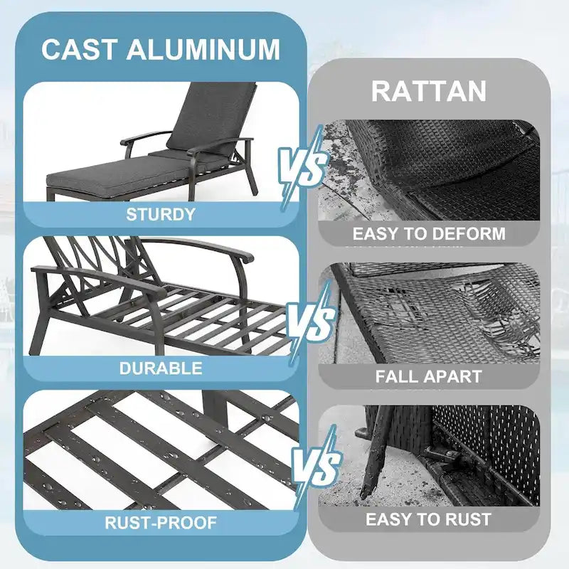 Chaises longues inclinables d'extérieur en aluminium de 3 pièces (ensemble de 2) avec table et coussins