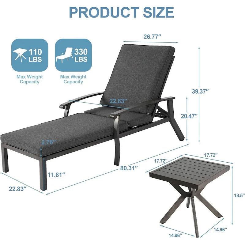 Chaises longues inclinables d'extérieur en aluminium de 3 pièces (ensemble de 2) avec table et coussins