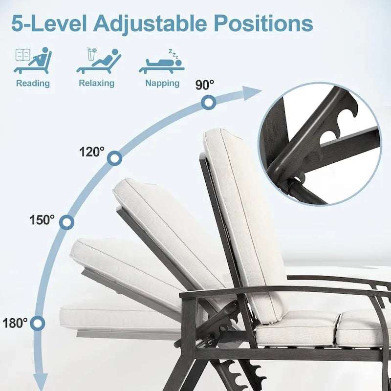 Chaises longues inclinables d'extérieur en aluminium de 3 pièces (ensemble de 2) avec table et coussins