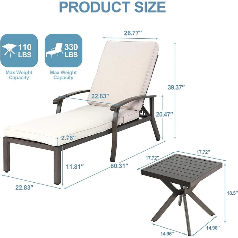 Chaises longues inclinables d'extérieur en aluminium de 3 pièces (ensemble de 2) avec table et coussins