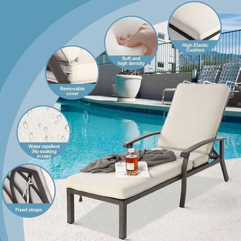 Chaises longues inclinables d'extérieur en aluminium de 3 pièces (ensemble de 2) avec table et coussins