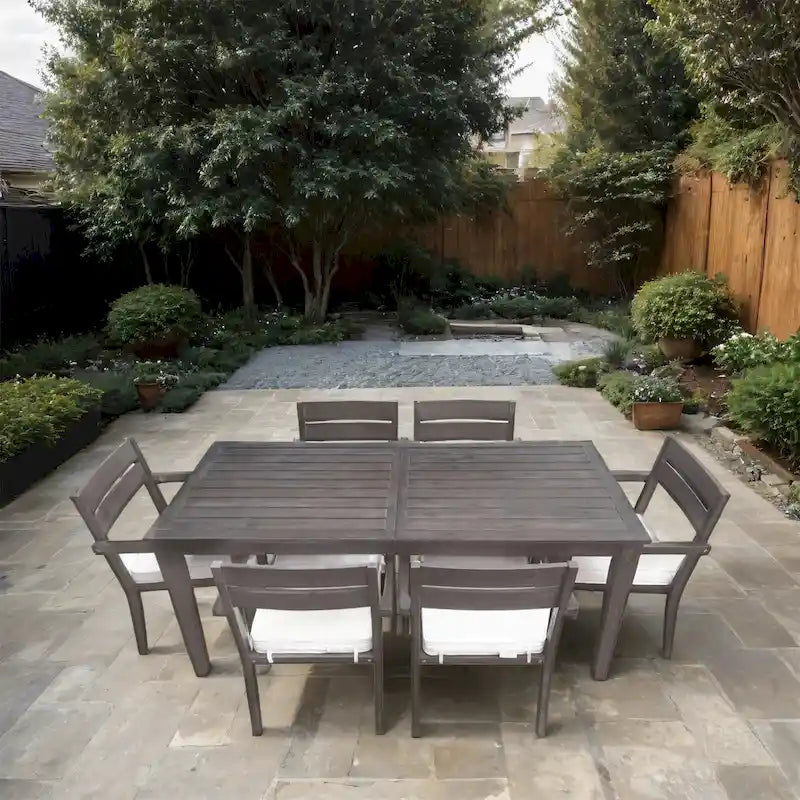 Ensemble de 7 tables et chaises d'extérieur en bois d'acacia pour patio