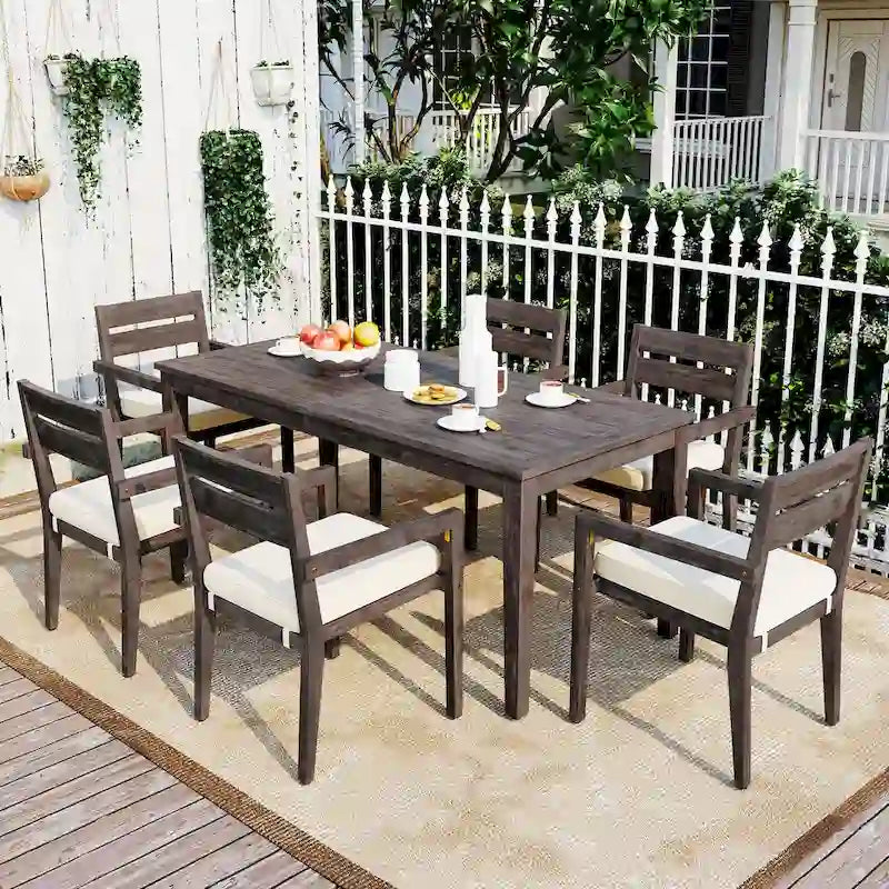 Ensemble de 7 tables et chaises d'extérieur en bois d'acacia pour patio