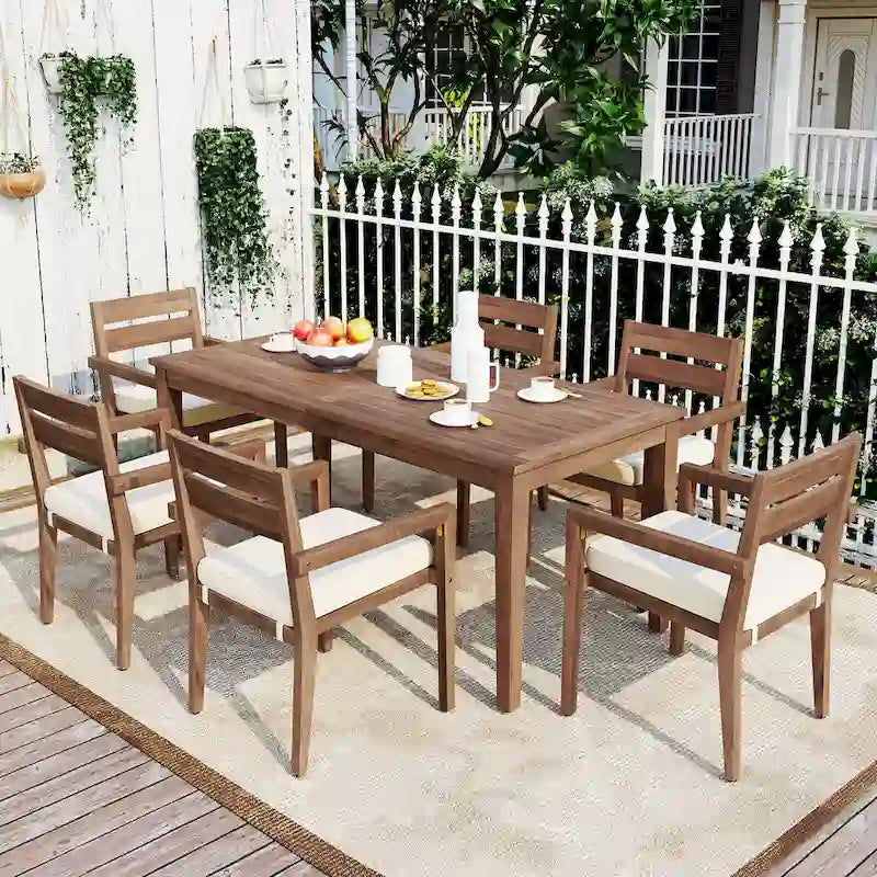 Ensemble de 7 tables et chaises d'extérieur en bois d'acacia pour patio