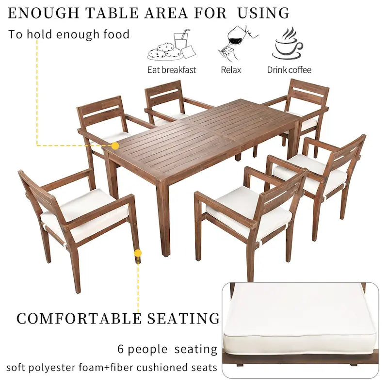 Ensemble de 7 tables et chaises d'extérieur en bois d'acacia pour patio