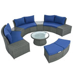 Ensemble de canapés modulaires d'extérieur semi-circulaires 10 pièces en rotin PE, personnalisable, pour conversations de jardin.