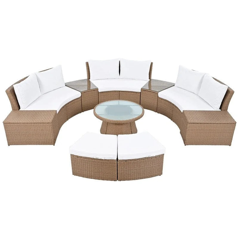 Ensemble de canapés modulaires d'extérieur semi-circulaires 10 pièces en rotin PE, personnalisable, pour conversations de jardin.