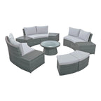 Ensemble de canapés modulaires d'extérieur semi-circulaires 10 pièces en rotin PE, personnalisable, pour conversations de jardin.