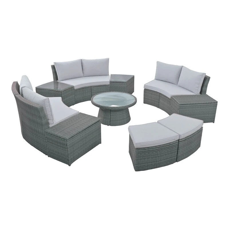 Ensemble de canapés modulaires d'extérieur semi-circulaires 10 pièces en rotin PE, personnalisable, pour conversations de jardin.