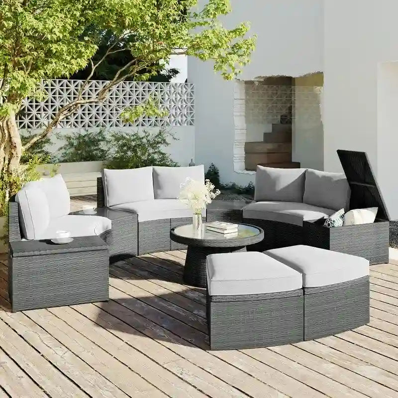 Ensemble de canapés modulaires d'extérieur semi-circulaires 10 pièces en rotin PE, personnalisable, pour conversations de jardin.