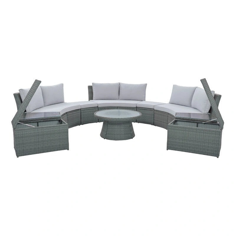 Ensemble de canapés modulaires d'extérieur semi-circulaires 10 pièces en rotin PE, personnalisable, pour conversations de jardin.