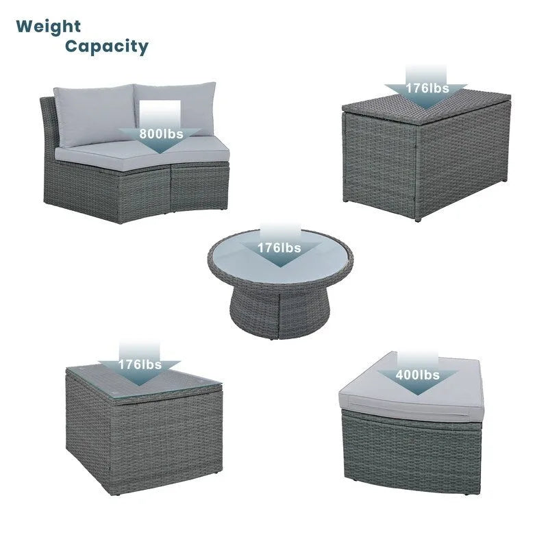 Ensemble de canapés modulaires d'extérieur semi-circulaires 10 pièces en rotin PE, personnalisable, pour conversations de jardin.