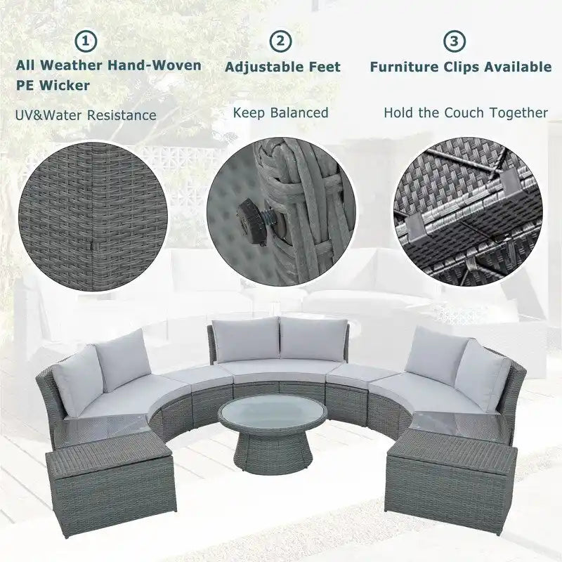 Ensemble de canapés modulaires d'extérieur semi-circulaires 10 pièces en rotin PE, personnalisable, pour conversations de jardin.