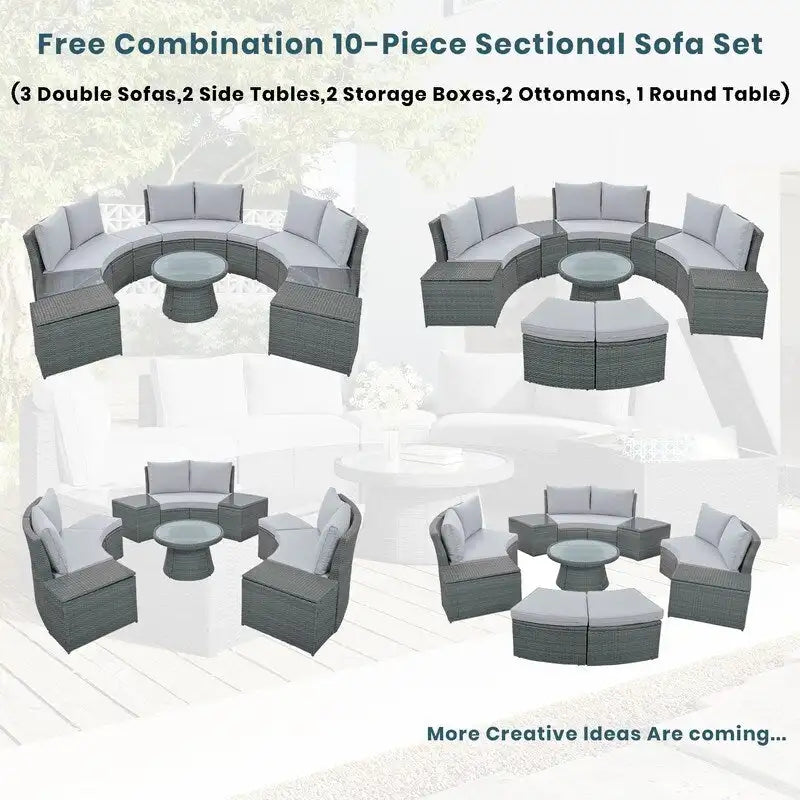 Ensemble de canapés modulaires d'extérieur semi-circulaires 10 pièces en rotin PE, personnalisable, pour conversations de jardin.