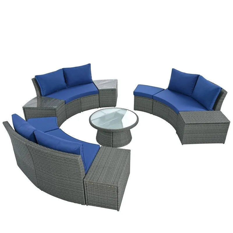 Ensemble de canapés modulaires d'extérieur semi-circulaires 10 pièces en rotin PE, personnalisable, pour conversations de jardin.