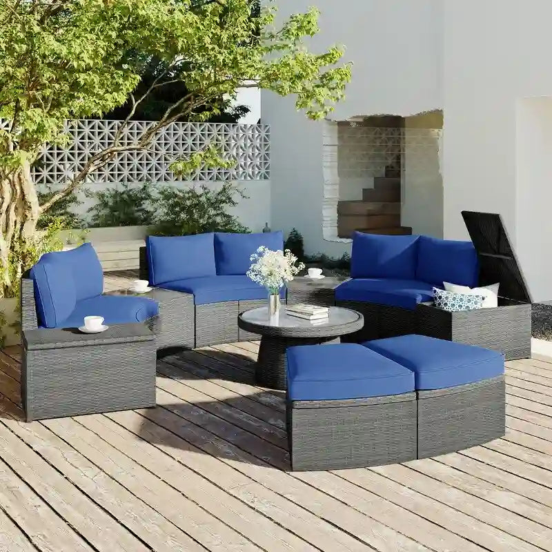 Ensemble de canapés modulaires d'extérieur semi-circulaires 10 pièces en rotin PE, personnalisable, pour conversations de jardin.