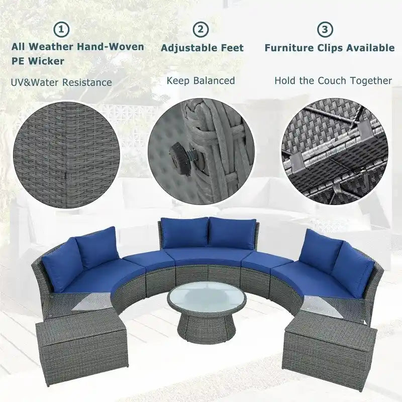 Ensemble de canapés modulaires d'extérieur semi-circulaires 10 pièces en rotin PE, personnalisable, pour conversations de jardin.