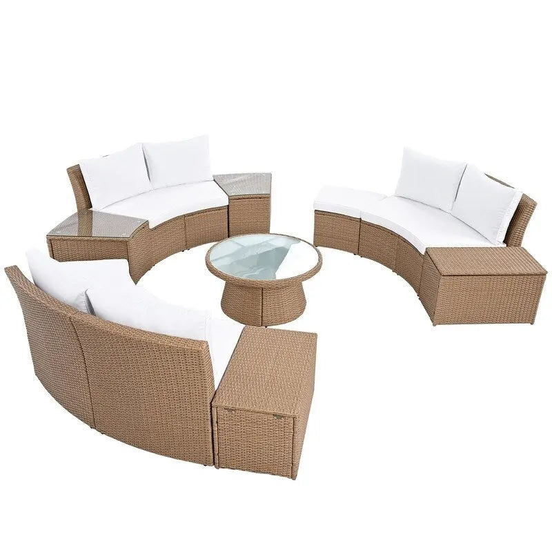 Ensemble de canapés modulaires d'extérieur semi-circulaires 10 pièces en rotin PE, personnalisable, pour conversations de jardin.