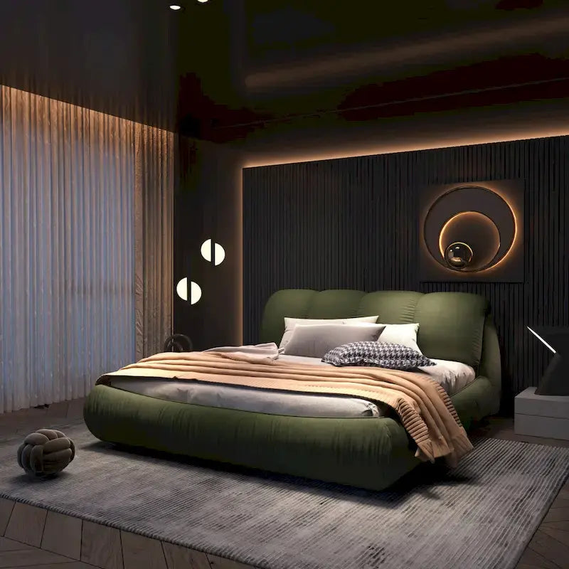 King Size Luxury Upholstered Platform Bed with Oversized Padded Backrest and Solid Wood Frame