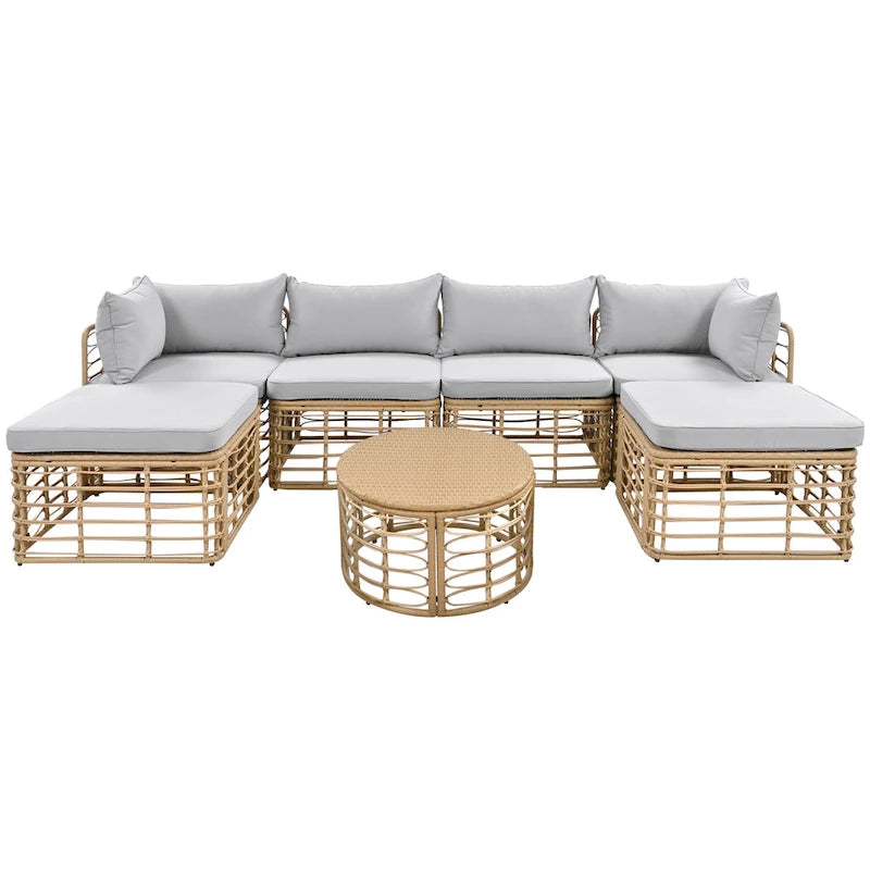 Ensemble de canapé d'angle modulable 7 pièces en osier pour l'extérieur avec table basse, combinaison libre
