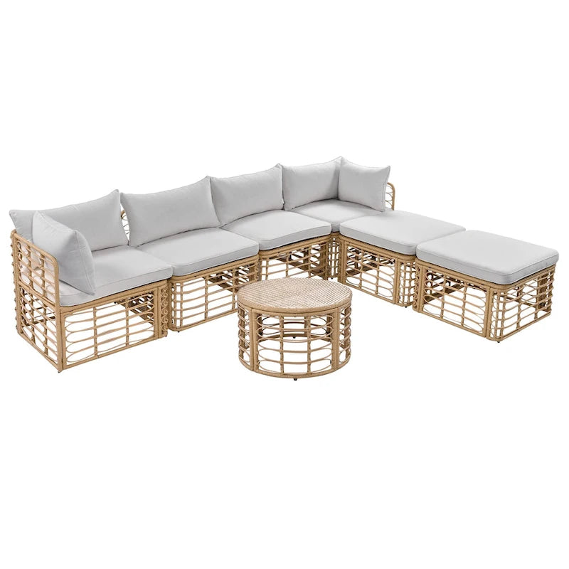 Ensemble de canapé d'angle modulable 7 pièces en osier pour l'extérieur avec table basse, combinaison libre