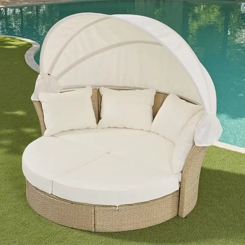Lit de jour rond 57 de patio extérieur en rotin PE avec auvent rétractable et 4 oreillers