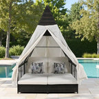 Lit de repos de jardin en rotin avec tente triangulaire, dossier réglable et rideaux