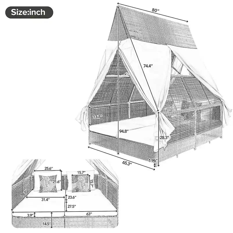 Lit de repos de jardin en rotin avec tente triangulaire, dossier réglable et rideaux