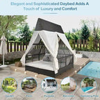 Lit de repos de jardin en rotin avec tente triangulaire, dossier réglable et rideaux
